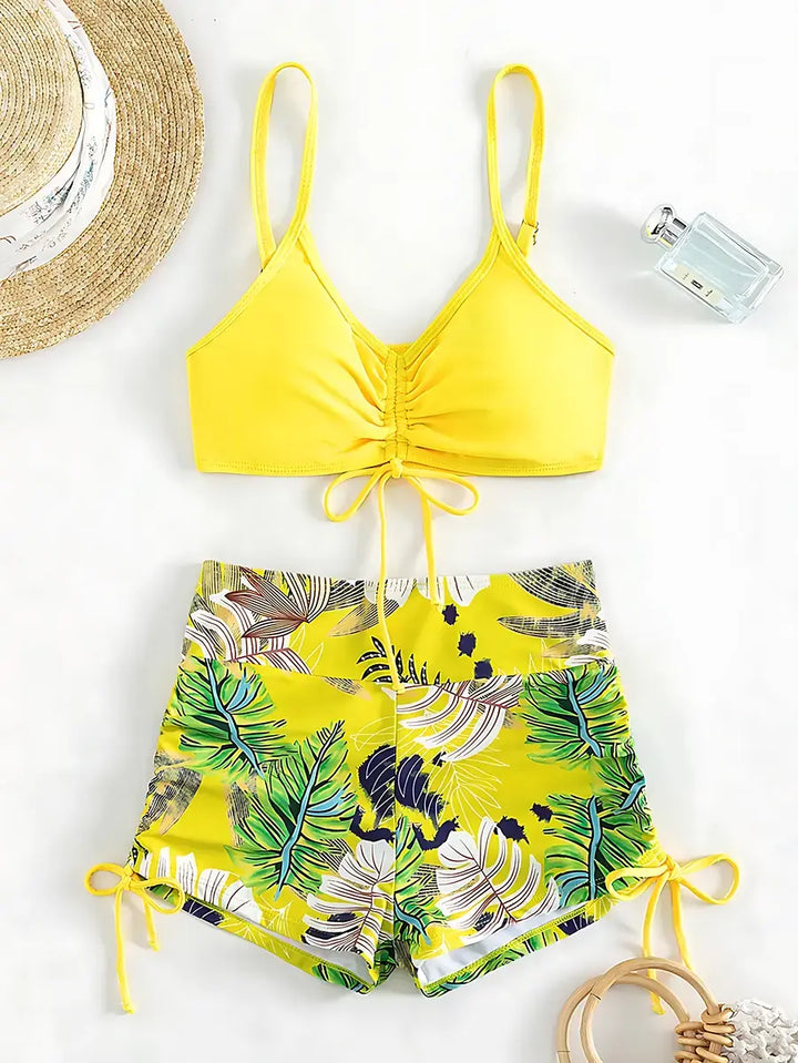 Biquíni Cropped Shorts Cintura Alta Amarelo