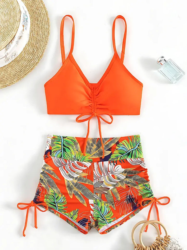 Biquíni Cropped Shorts Cintura Alta Laranja