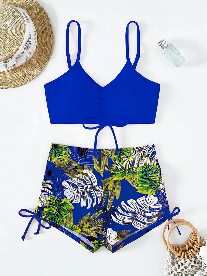 Biquíni Cropped Shorts Cintura Alta Azul