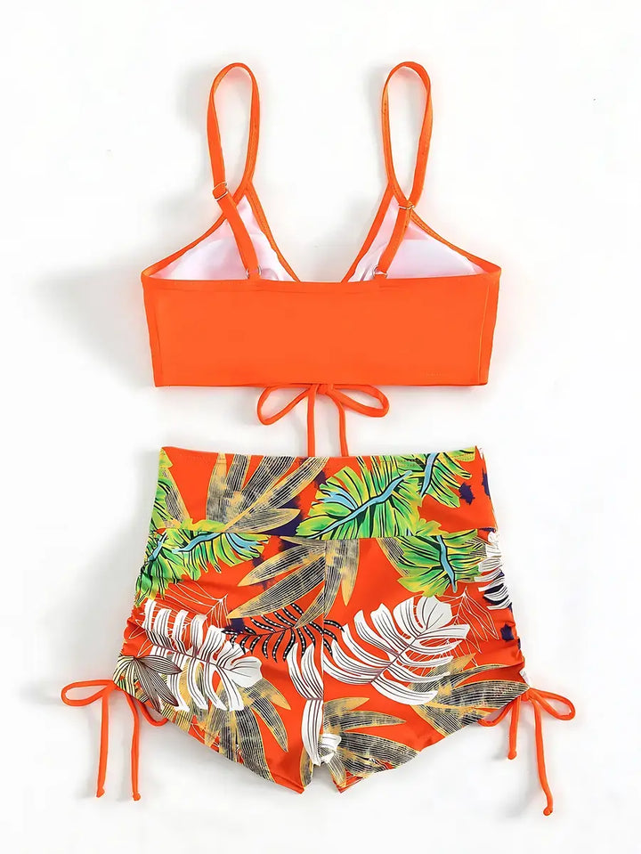 Biquíni Cropped Shorts Cintura Alta Laranja