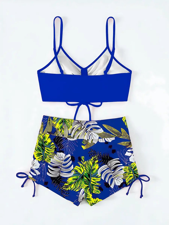 Biquíni Cropped Shorts Cintura Alta Azul