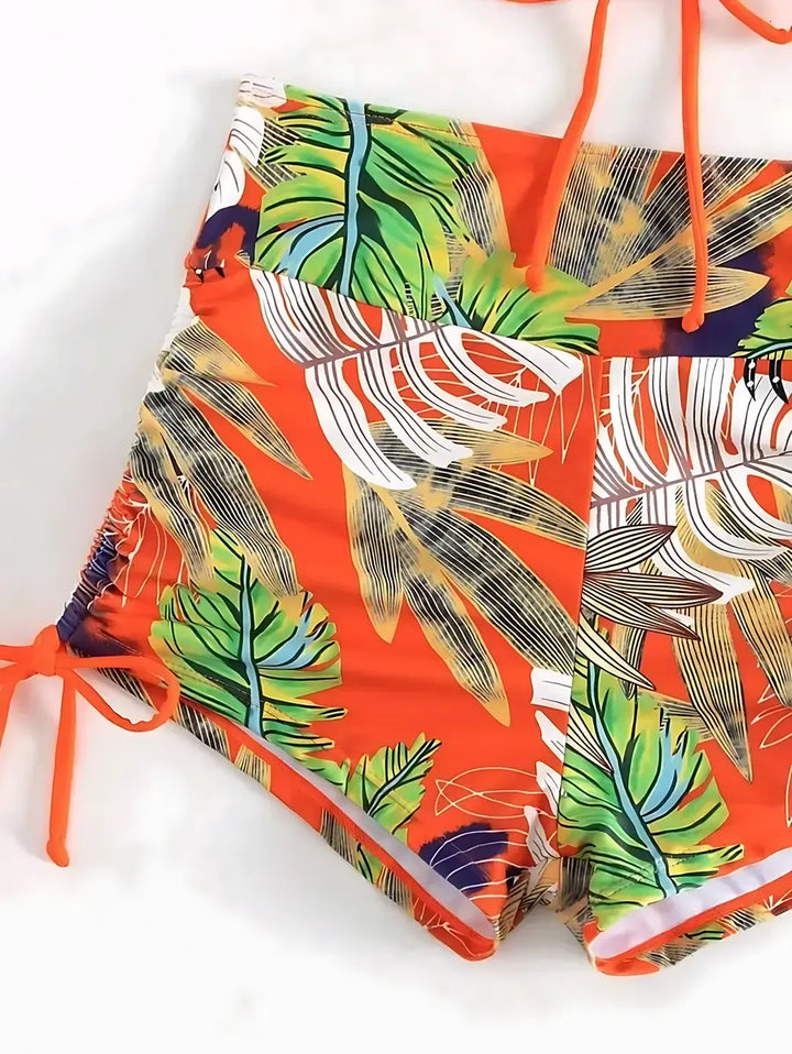 Biquíni Cropped Shorts Cintura Alta Laranja