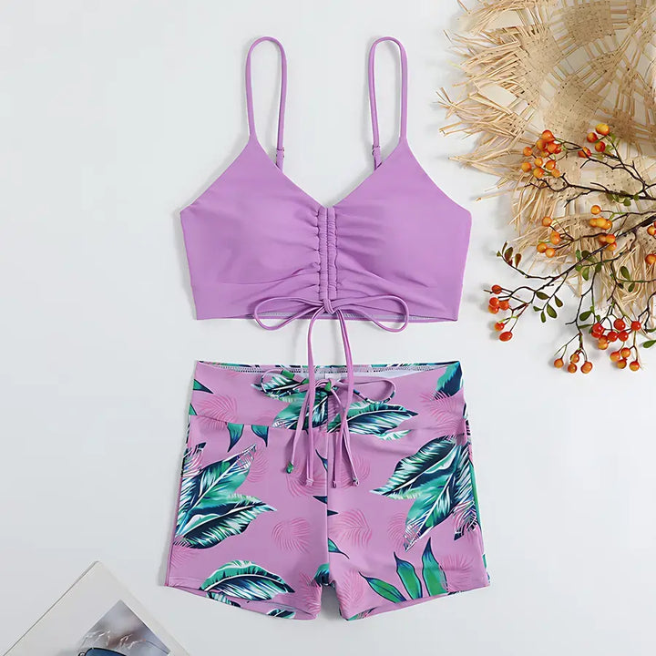 Biquíni Cropped Shorts Cintura Alta Roxo