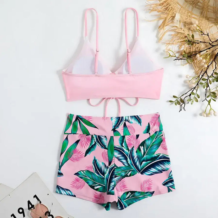 Biquíni Cropped Shorts Cintura Alta Rosa